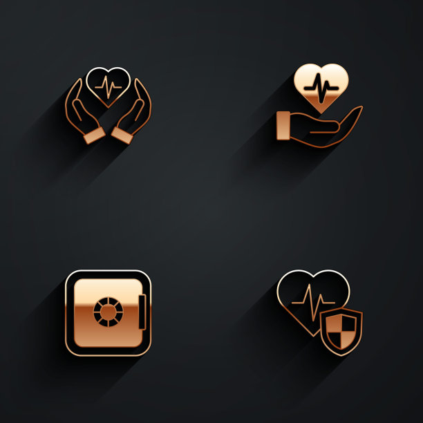 设置人寿保险，手，安全和盾牌图标与长阴影。向量图片下载