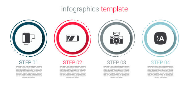 设置相机胶卷盒，相机电池，带闪光灯的照片和自动。业务信息图表模板。向量图片下载