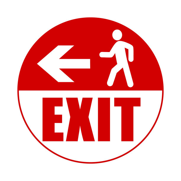 退出。圈地板标志与方向箭头和一个人走路。文字在下方。图片下载