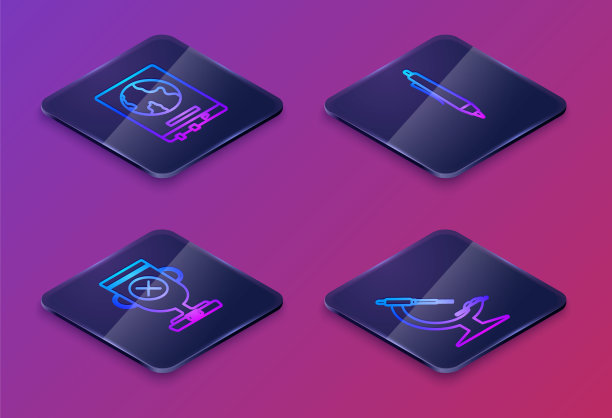 在学校黑板上设置等距线世界地图，奖杯，笔和显微镜。蓝色方形按钮。向量图片下载