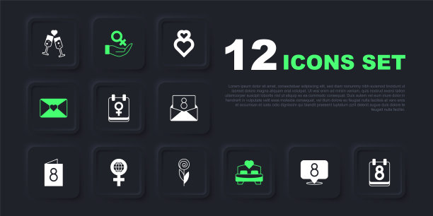 3月8日，日历，卧室，信封，国际妇女节，女性性别符号和花卉图标。向量图片下载