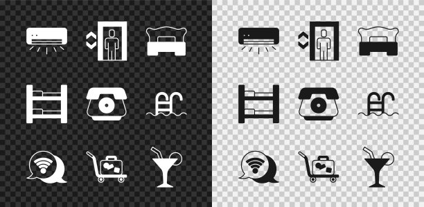 设置空调，电梯，卧室，Wi-Fi无线网络，手推车行李箱，鸡尾酒，酒店床和电话手柄图标。向量图片下载