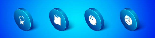 2.5D奖牌、保龄球、排球和健身垫卷图标矢量图图片下载