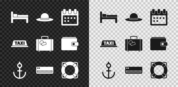 集床，优雅的妇女帽子，日历，锚，空调，救生圈，出租车车顶和行李箱图标。向量图片下载