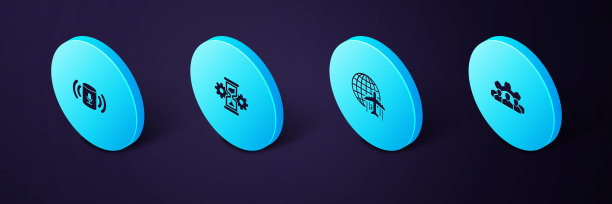 设置等距项目团队基地，地球与飞行飞机，沙漏和齿轮和语音助手图标。向量图片下载