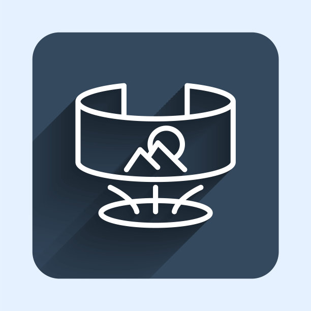 白线360度视图图标与长阴影背景隔离。虚拟现实。角度360度摄像头。全景照片。蓝色方形按钮。向量图片下载