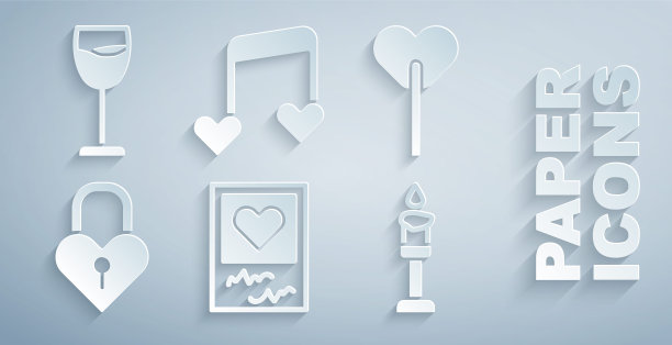 集相框和心，棒棒糖，城堡的形状，燃烧的蜡烛，音乐笔记，音调与酒杯图标。向量图片下载