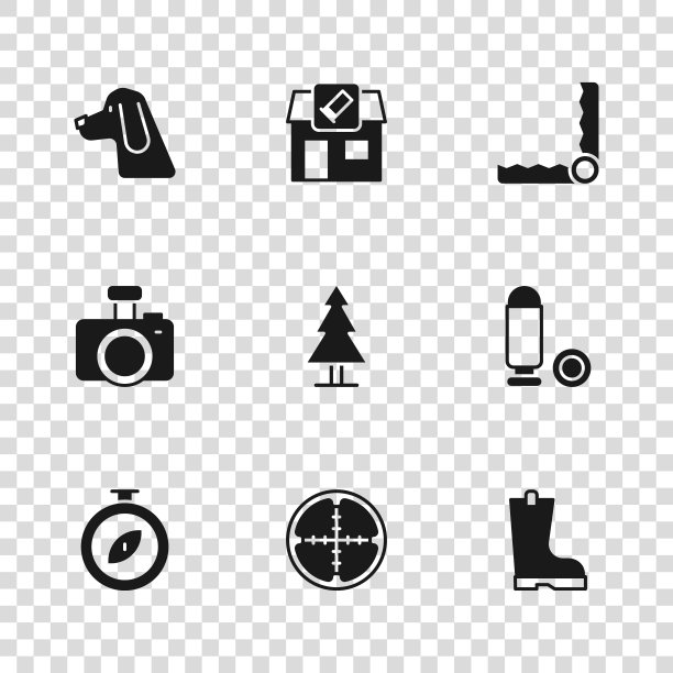 集狙击手光学瞄准具，子弹，防水橡胶靴，树，陷阱狩猎，猎犬，商店和照片相机图标。向量图片下载