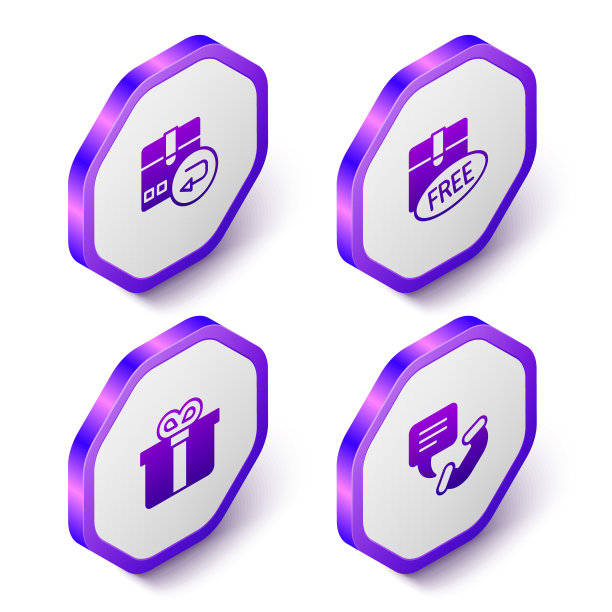 设置等距返回纸箱，纸板与免费符号，礼品和电话24小时支持图标。紫色六边形按钮。向量图片下载