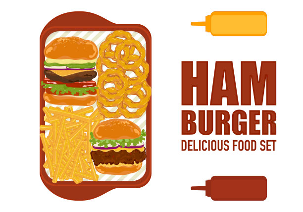 快餐套餐准备好了快餐餐厅的菜单一套汉堡包，油炸洋葱，和薯条在一个托盘。孤立的物体是设计海报、食物菜单和广告的背景。图片下载