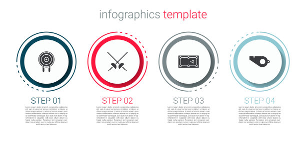 设置目标运动，击剑，台球桌和哨子。业务信息图表模板。向量图片下载