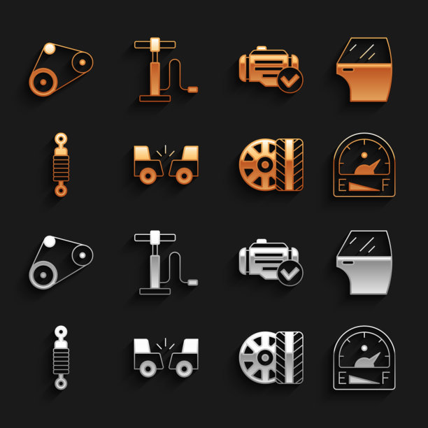 设置汽车事故，门，汽车燃气表，轮胎，减震器，检查发动机，正时皮带套件和气泵图标。向量图片下载