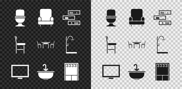 采购产品抽水马桶，扶手椅，书架与书籍，相框在桌子上，洗脸盆水龙头，衣柜，椅子和木制图标。向量图片下载