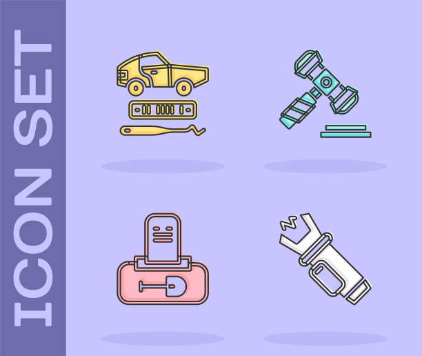 设置警察电击器，汽车盗窃，坟墓与墓碑和法官木槌图标。向量图片下载