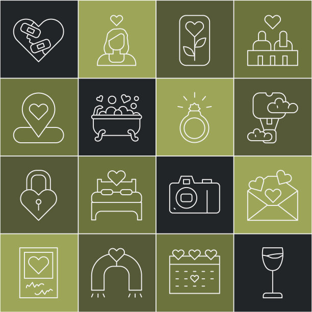 集线酒杯，信封与情人节的心，浪漫的热气球，花玫瑰，浴室，位置，愈合破碎和钻石订婚戒指图标。向量图片下载