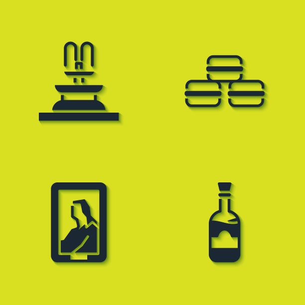 集喷泉，酒瓶，肖像博物馆和马卡龙饼干图标。向量图片下载