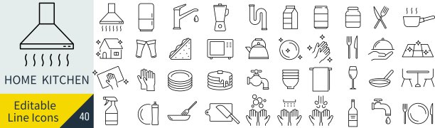 矢量线艺术图标集的家庭厨房图片下载