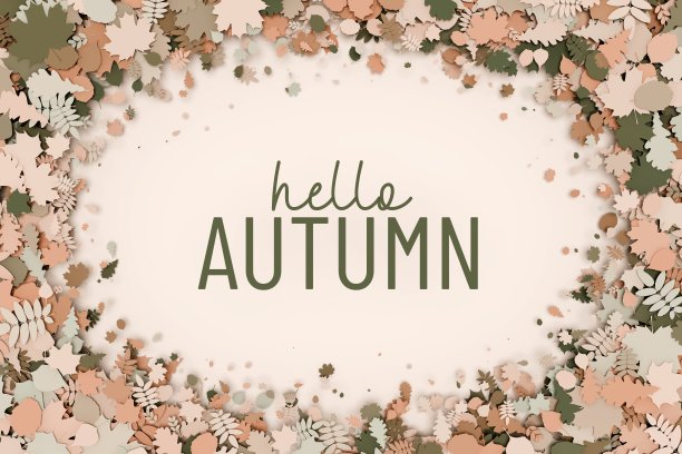 欢迎秋天的贺卡。“你好，秋天”是用一叠秋叶框起来的。季节海报与美丽的树叶，剪纸风格的叶子。3d插图，渲染。图片下载