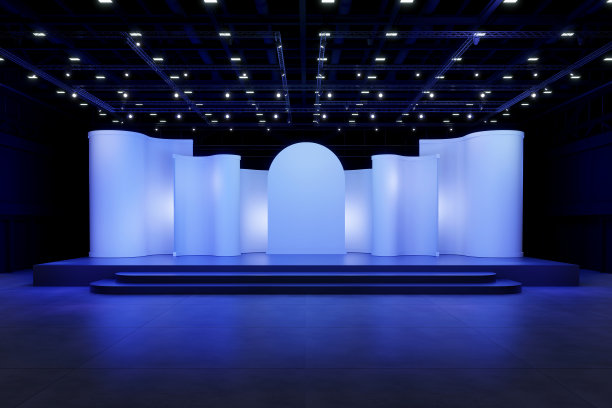 空舞台设计的模型和企业形象，展示。大厅的平台元素。空白屏幕系统的图形资源。场景事件引导的夜光舞台。3d背景在线事件，会议，直播。3渲染。图片下载