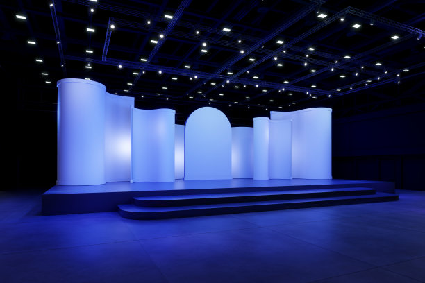 空舞台设计的模型和企业形象，展示。大厅的平台元素。空白屏幕系统的图形资源。场景事件引导的夜光舞台。3d背景在线事件，会议，直播。3渲染。图片下载