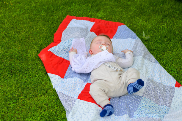 婴儿在户外安静地睡在被子上图片下载