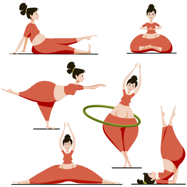 一组曲线优美的美女穿着粉红色的套装做着各种各样的体育锻炼。矢量图图片下载