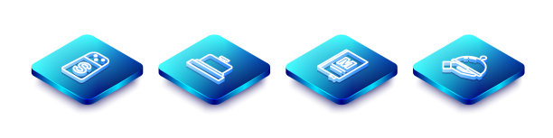 设置等距线盐，酒店服务铃，餐厅咖啡厅菜单和覆盖托盘的食物图标。向量图片下载