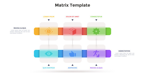 矩阵图，6个方形玻璃单元按水平排列。六种经营理念可供选择。最小的信息图表设计模板。现代平面矢量插图表示。图片下载