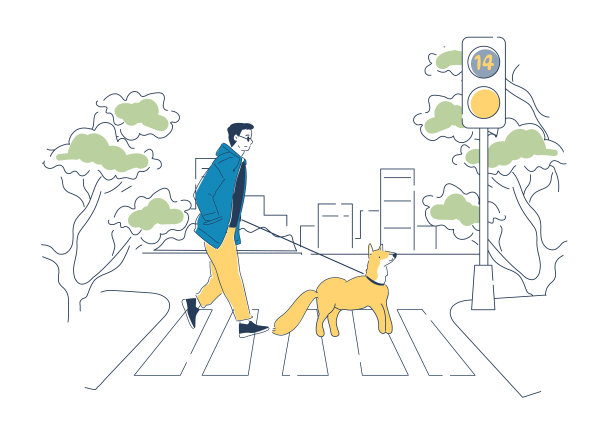 盲人带狗。有残疾的年轻人在人行横道过马路。导盲犬帮助人们在城市中旅行。线性向量图解图片下载