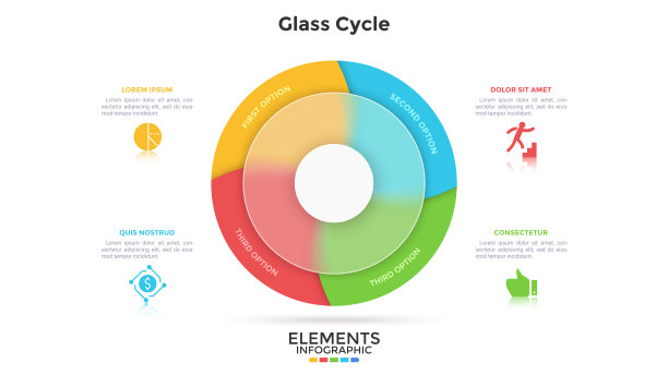 圆形饼状图在半透明的玻璃环后面分为4个扇区。商业项目四部分的概念。简单的信息图表设计模板。现代平面矢量插图的横幅。图片下载