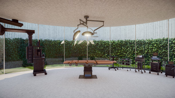 手术室的三维渲染，包括床和天花板上的手术灯图片下载