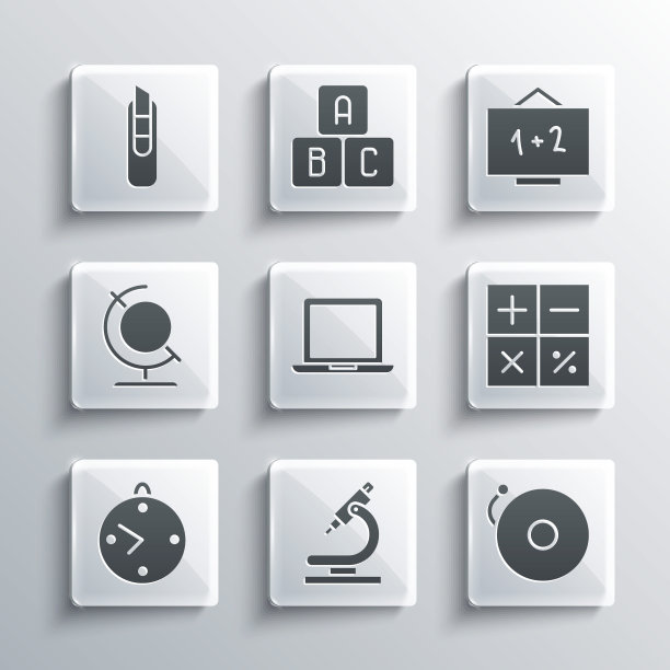 设置显微镜，响闹钟，计算器，笔记本电脑，时钟，地球，文具刀和黑板图标。向量图片下载