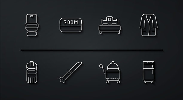设置线马桶，垃圾桶，浴袍，覆盖托盘，刀，酒店钥匙卡，冰箱和卧室图标。向量图片下载