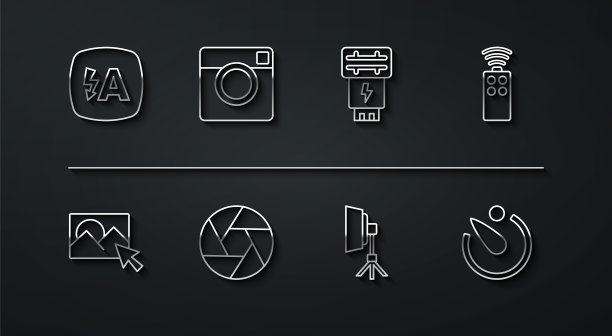 设置线自动闪光，照片修图，相机遥控，软箱灯，相机快门，定时器和图标。向量图片下载