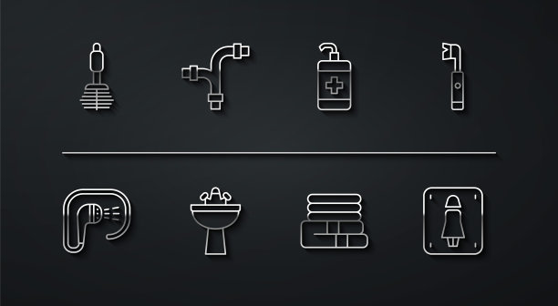 设置线马桶刷，淋浴，电动牙刷，毛巾堆，洗脸盆水龙头，工业金属管，女厕所和洗手液瓶图标。向量图片下载