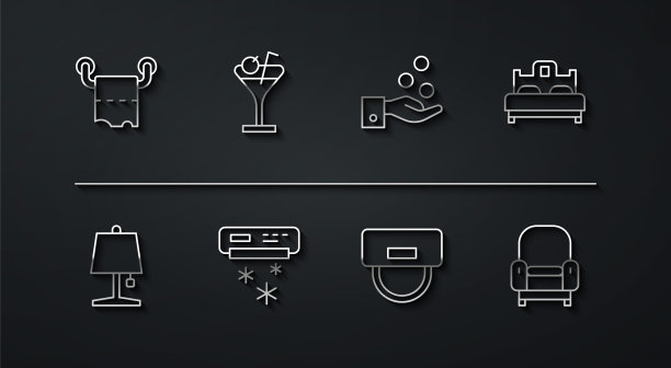 设置线厕纸卷，台灯，卧室，行李员帽子，空调，马提尼玻璃，扶手椅和支付提示图标。向量图片下载