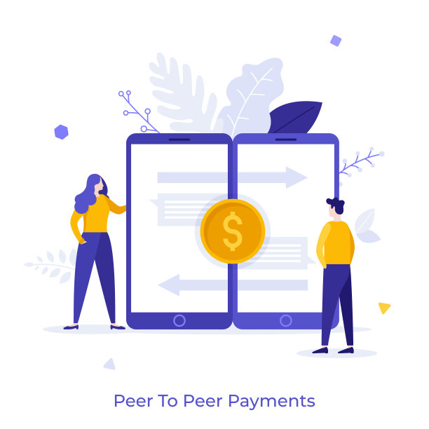 男人，女人，两部智能手机和一美元金币。点对点支付的概念，通过移动应用程序在银行账户之间转移资金。横幅，海报的现代平面矢量插图。图片下载
