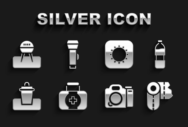 设置急救箱，瓶装水，纸巾卷，照相机，垃圾桶，太阳，烧烤架和手电筒图标。向量图片下载