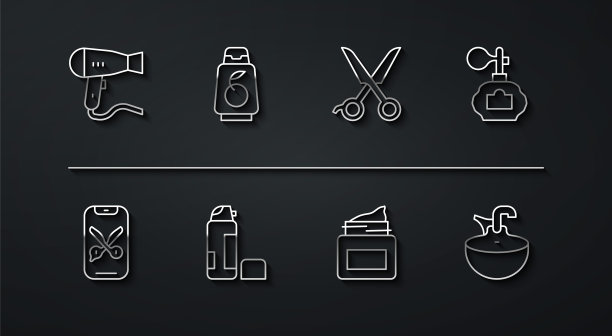 设置线吹风机，理发师在线服务或平台，须后水，面霜化妆品罐，剃须啫喱泡沫，瓶装洗发水，洗脸盆和剪刀理发师icon。向量图片下载