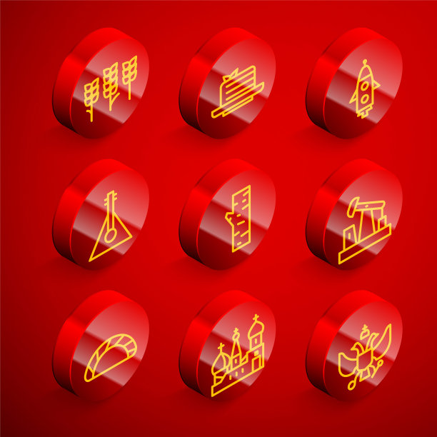 设置线小麦，Medovik，火箭船，Balalaika，桦树，油泵或泵千吨，饺子和圣巴兹尔大教堂图标。向量图片下载