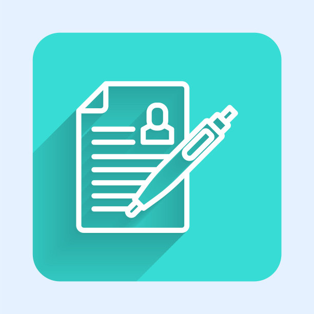 白线简历图标与长阴影背景隔离。简历的应用程序。寻找专业人员。分析人员简历。绿色方形按钮。向量图片下载