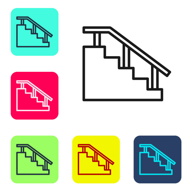 黑色线滑板楼梯与轨道图标隔离在白色背景。设置图标为彩色方形按钮。向量图片下载