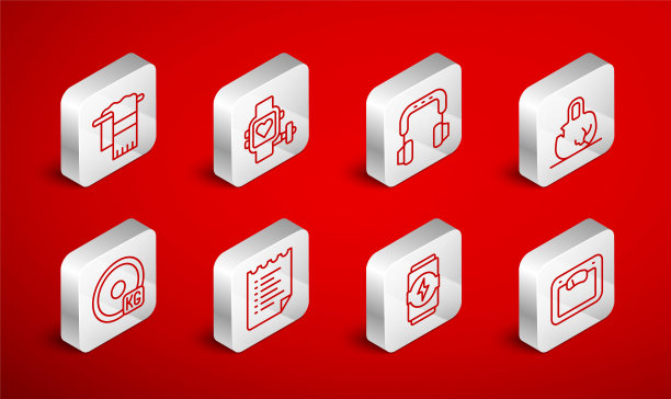 设置线浴室秤，智能手表与心脏，耳机，打破重量，能量饮料，毛巾架，运动训练计划和重量板图标。向量图片下载