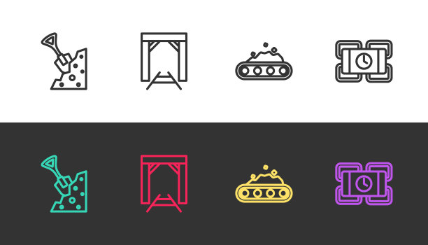 设线铲石，矿井入口，黑色和白色运输煤和炸药的输送带。向量图片下载