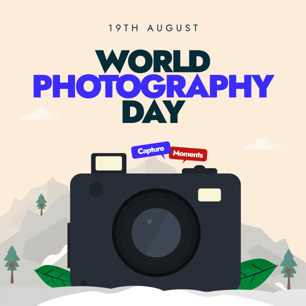 世界摄影日社交媒体庆祝横幅，帖子，卡片，背景。8月19日摄影日横幅与数码相机和山景。2024年的主题是“一整天”。图片下载