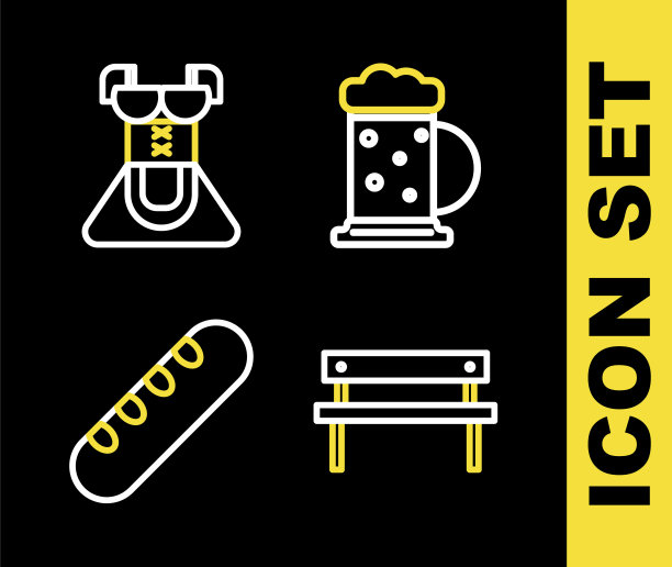 设置线木制啤酒杯，长凳，法国法棍面包和服装的妇女连衣裙图标。向量图片下载