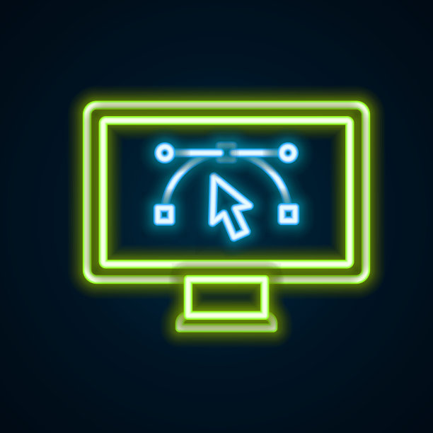 发光的霓虹灯线计算机显示与矢量设计程序图标孤立孤立在黑色背景上。照片编辑软件与用户界面。色彩缤纷的轮廓概念。向量图片下载