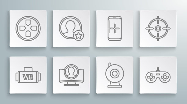 设置线虚拟现实眼镜，高级创建帐户屏幕，创建，网络摄像头，手柄，智能手机和玩游戏，目标体育和图标。向量图片下载