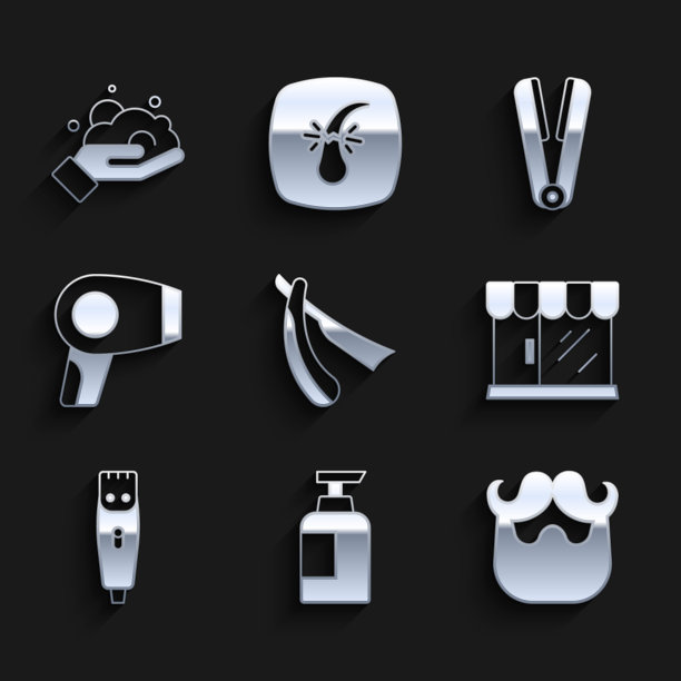 集直剃刀，瓶子洗发水，胡子和胡须，理发店的建筑，理发器，烘干机，卷发器的头发和剃须泡沫手图标。向量图片下载