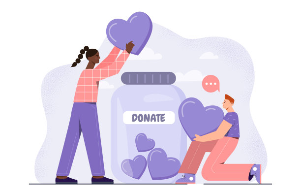 有捐赠的人。一个男人和一个女人，手里拿着大大的心，靠近一个玻璃罐子。慈善、善良和慷慨。慈善基金会的积极分子。平面矢量图图片下载